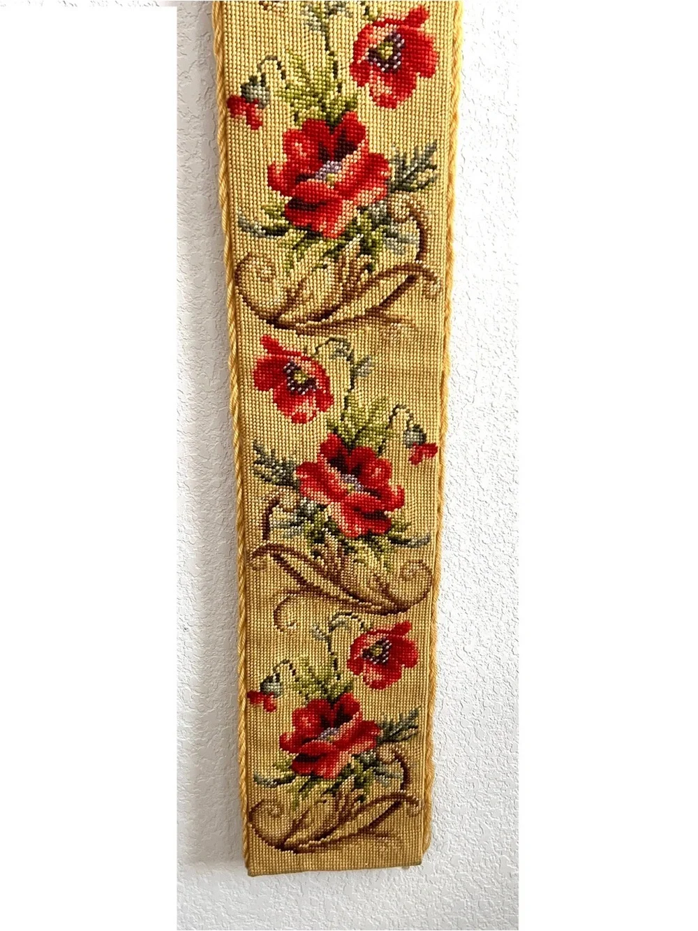 Vintage Floral Needlepoint Bell Pull Wool Velvet  Brass 63”